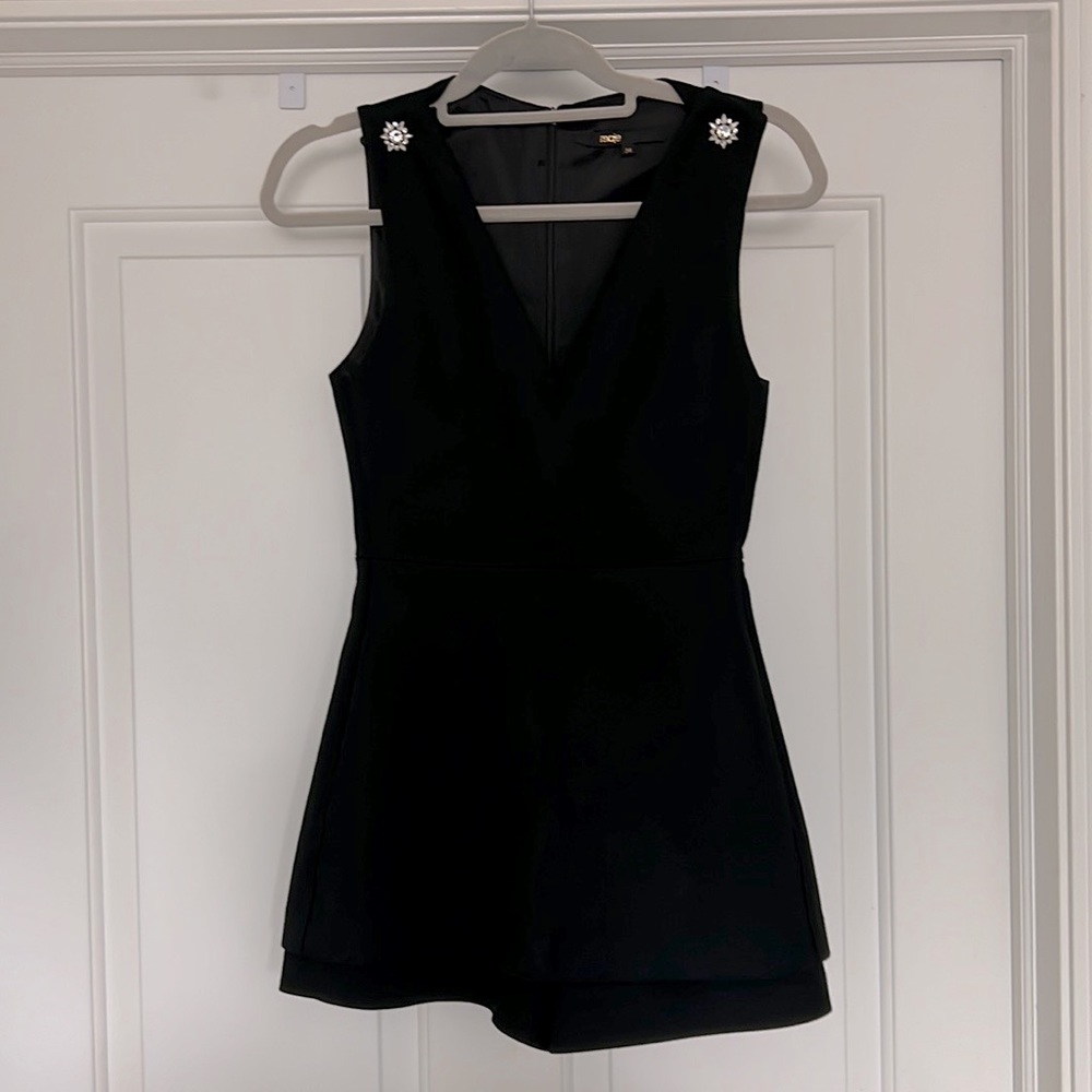Maje - Black V-Neck Romper with Faux Diamond Studs